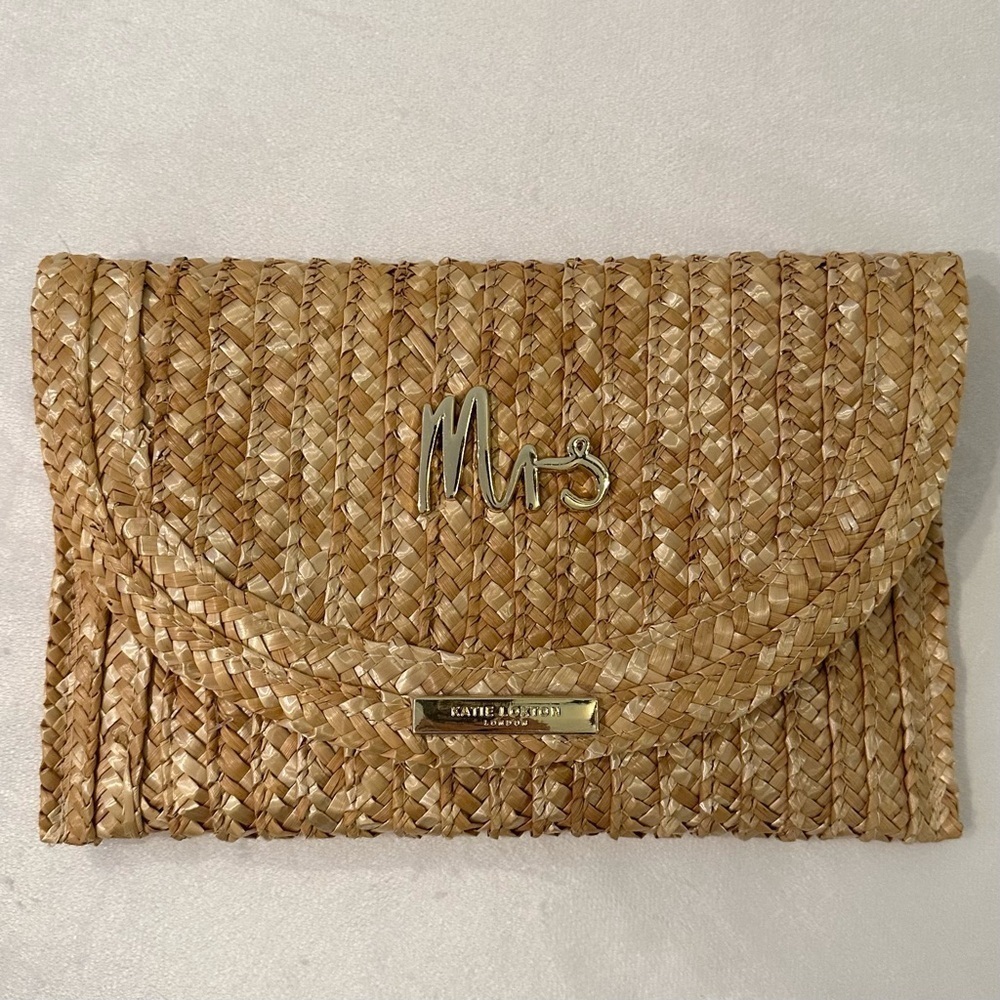 Katie Loxton LONDON wheat straw woven clutch gold “Mrs” honeymoon newlywed